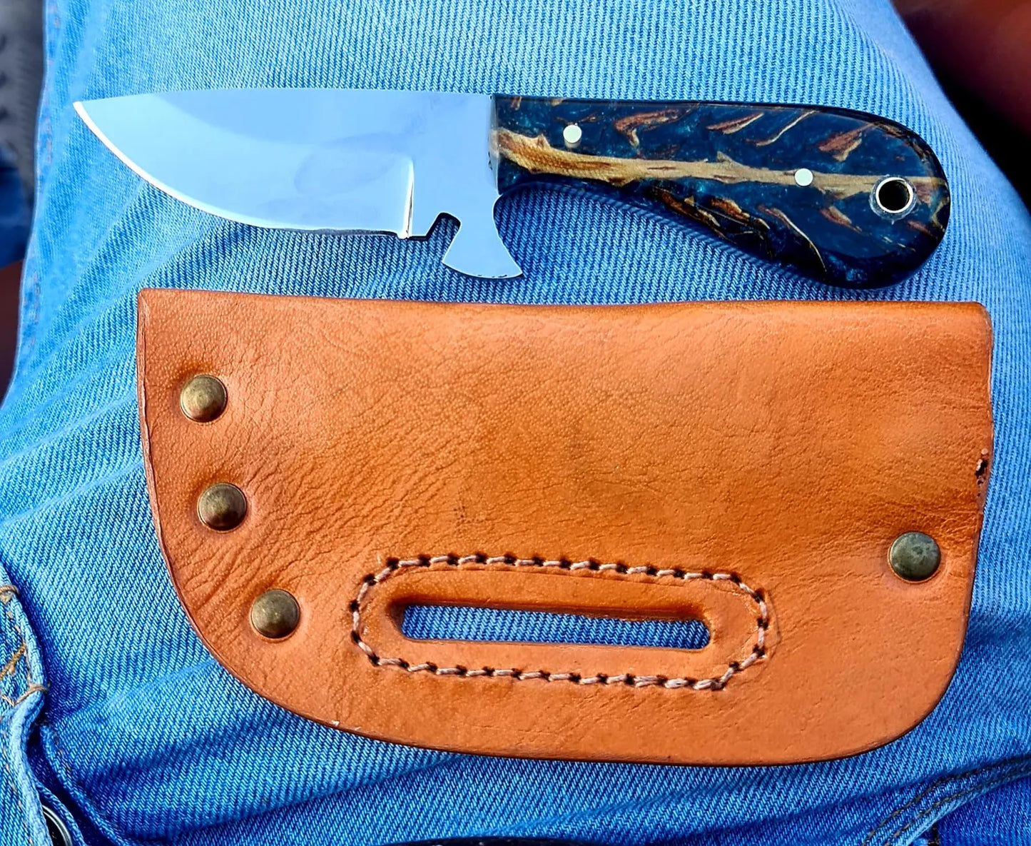 handmade 1095 Steel skinner Knife, pinecone Handle, Tooled Leather Sheath