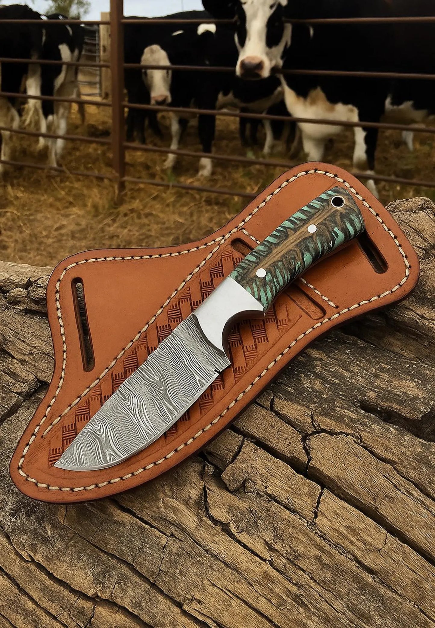 Damascus Steel Cowboy Knife, pinecone Handle, Tooled Leather Sheath