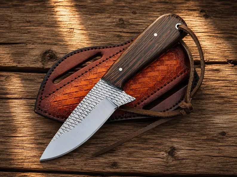 Western Knife and Sheath – 3.75" Rasp Steel Blade with Wenge Wood