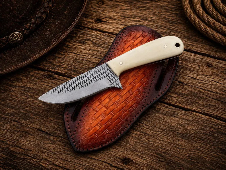 Cowboy Bush Knife 3.6” Rasp Steel Blade with Deer Bone Handle