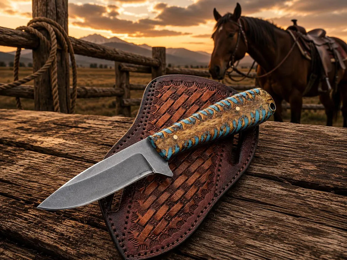 D2 Cowboy Knife 3.5" Blade Turquoise Resin Handle Pancake Sheath
