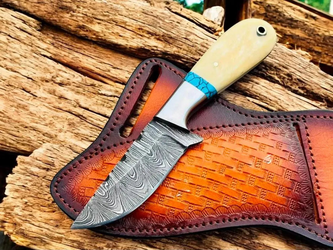 3.5" Damascus Cowboy Knife with Bone Turquoise Handle & Sheath