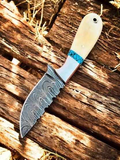 3.5" Damascus Cowboy Knife with Bone Turquoise Handle & Sheath