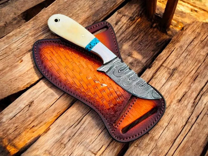 3.5" Damascus Cowboy Knife with Bone Turquoise Handle & Sheath