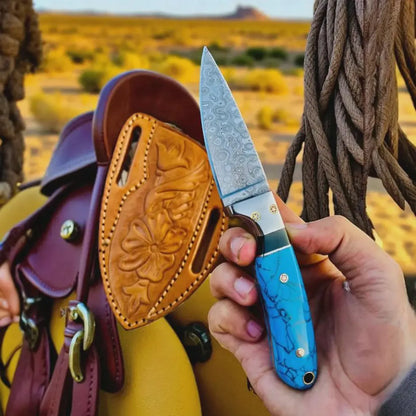 Cowboy Hunting Knife Damascus Steel Marble Handle