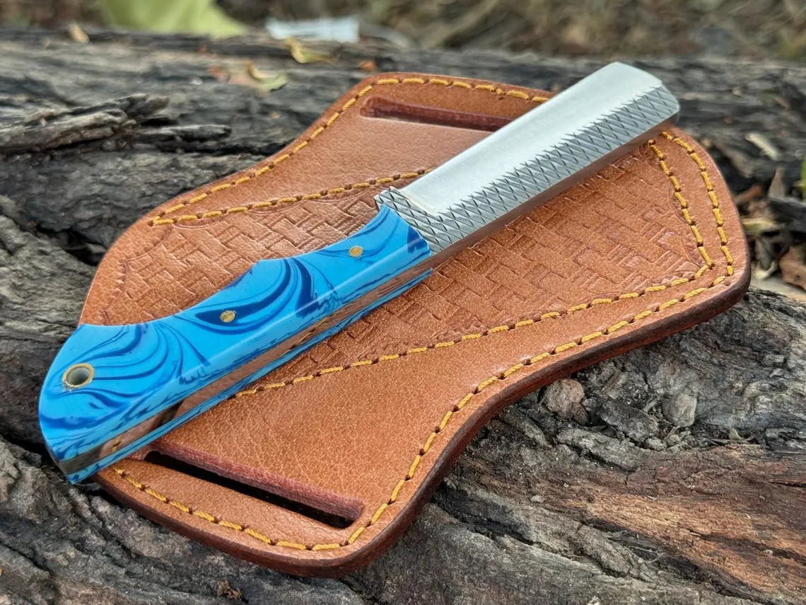 Handmade Cowboy Rasp Knife: Resin Handle, Leather Sheath