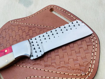 Handmade Cowboy Bull Cutter Knife: Rasp Steel Blade, Wood & Bone Handle, Leather Sheath