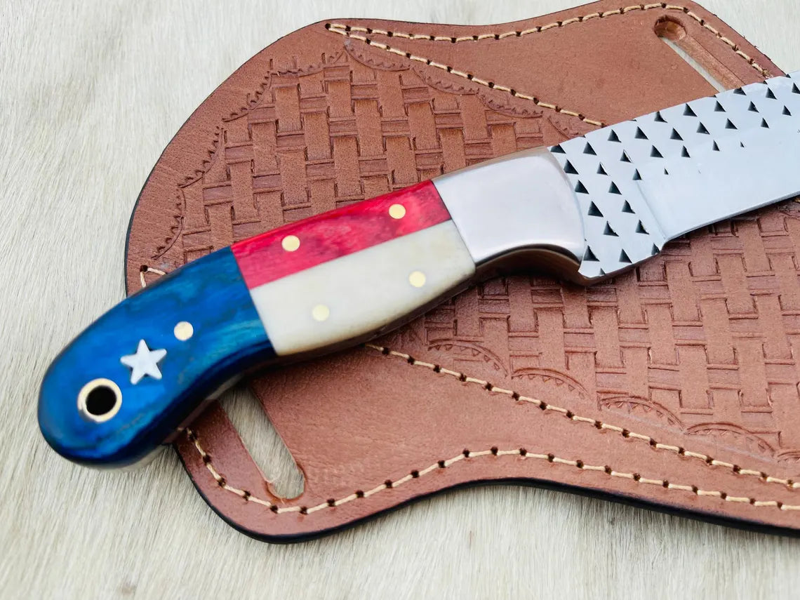 Handmade Cowboy Bull Cutter Knife: Rasp Steel Blade, Wood & Bone Handle, Leather Sheath