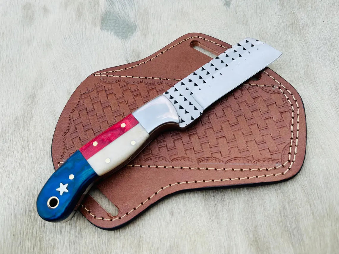 Handmade Cowboy Bull Cutter Knife: Rasp Steel Blade, Wood & Bone Handle, Leather Sheath