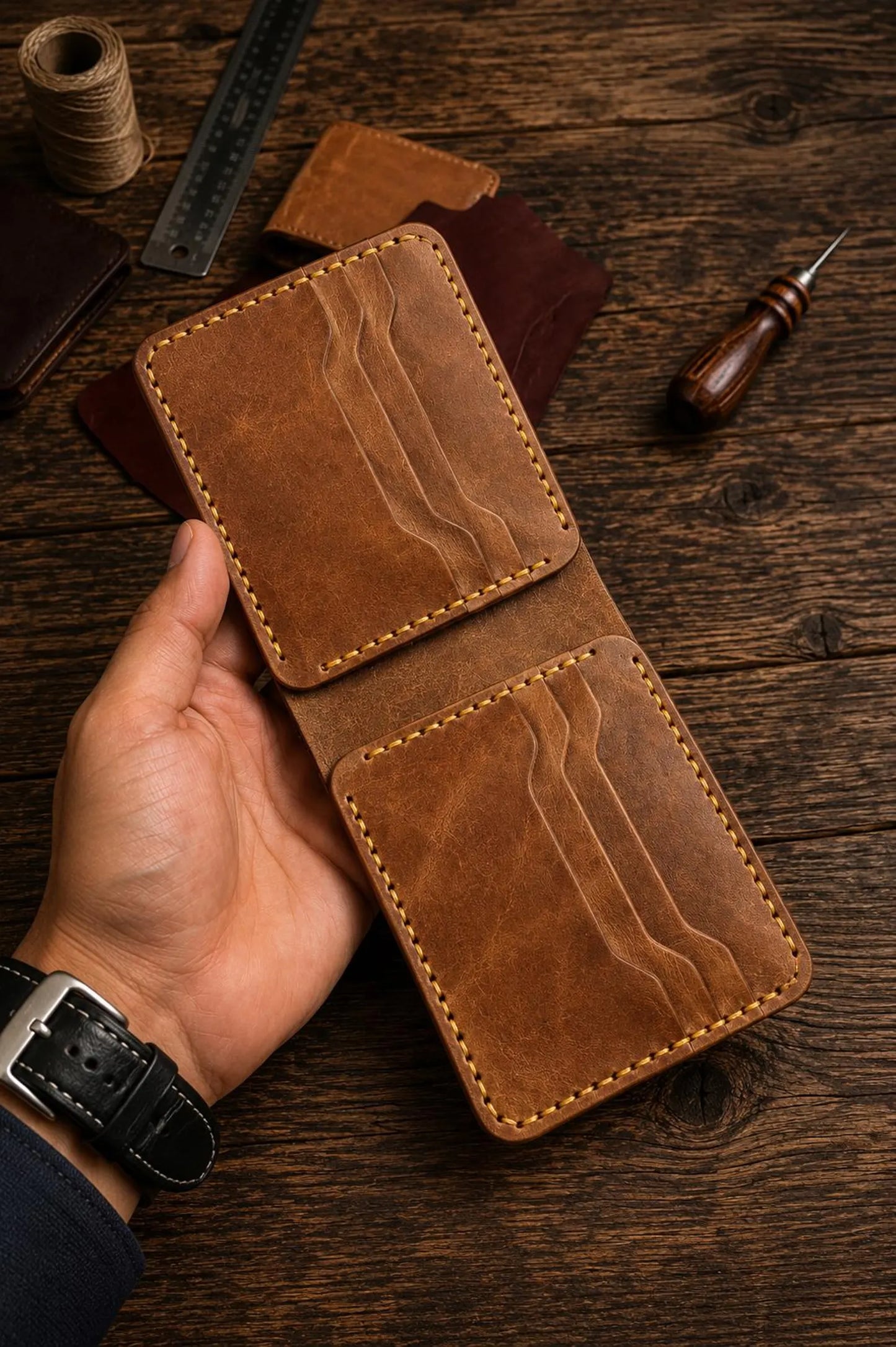 Handmade Genuine Leather Bifold Wallet | Slim Card Holder, Minimalist Men’s Wallet