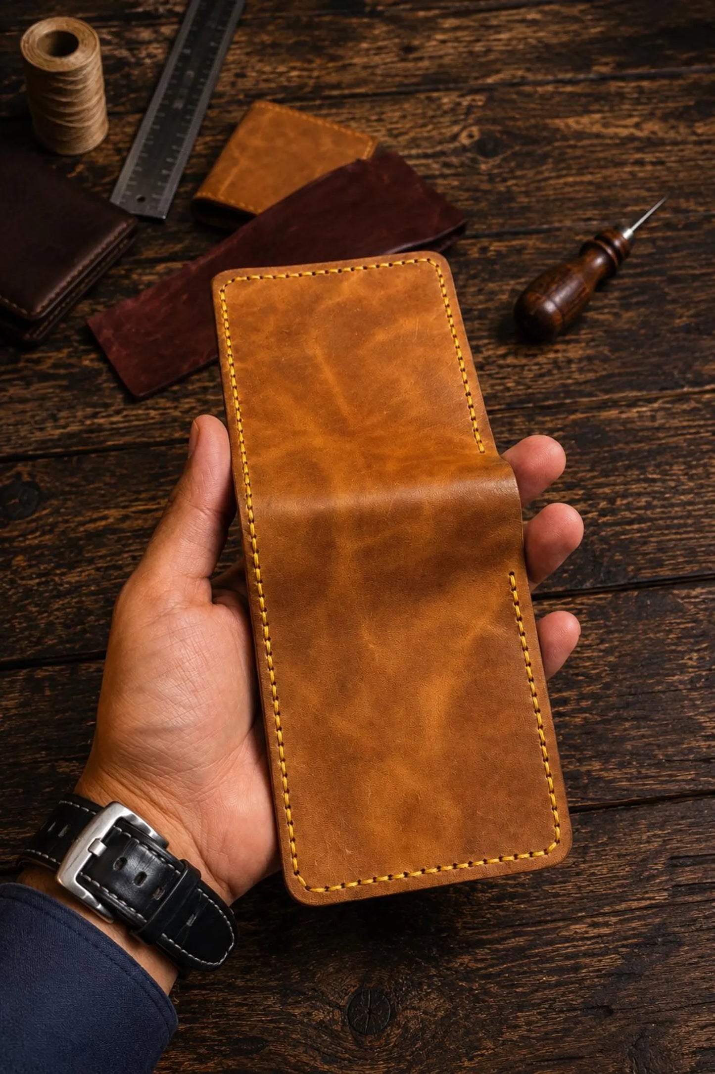 Handmade Genuine Leather Bifold Wallet | Slim Card Holder, Minimalist Men’s Wallet