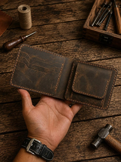 Handmade Genuine Leather Bifold Wallet | Slim Card Holder, Minimalist Men’s Wallet
