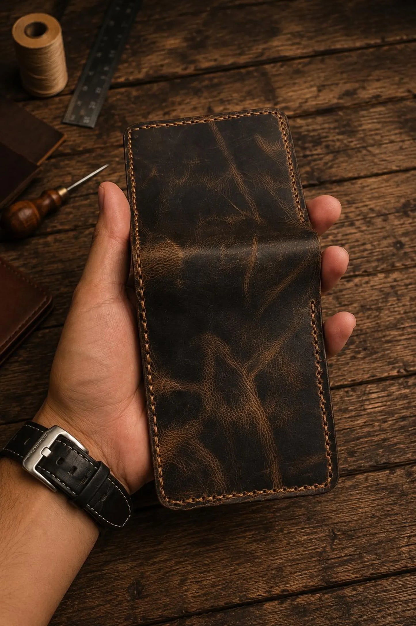 Handmade Genuine Leather Bifold Wallet | Slim Card Holder, Minimalist Men’s Wallet
