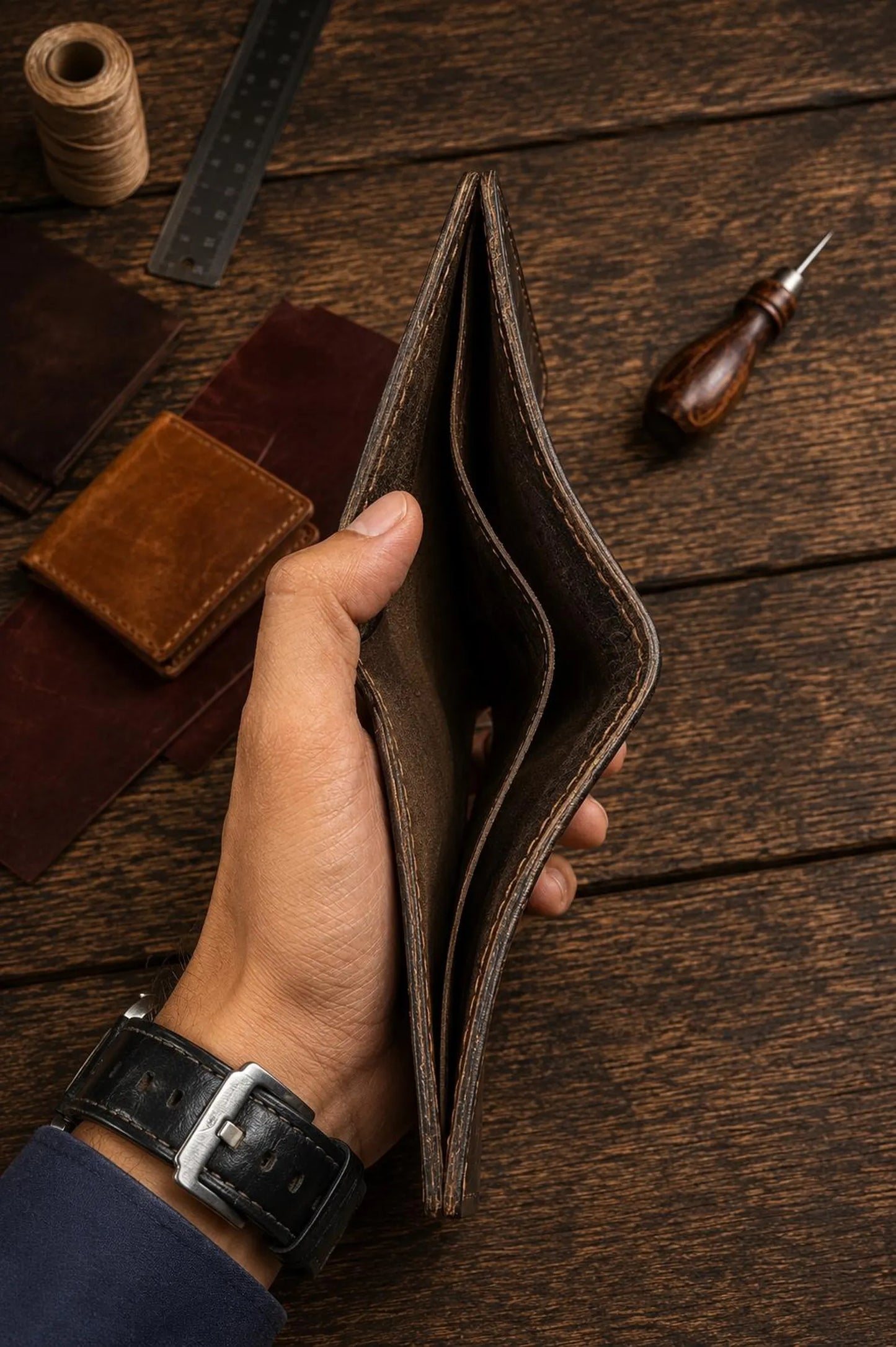 Handmade Genuine Leather Bifold Wallet | Slim Card Holder, Minimalist Men’s Wallet