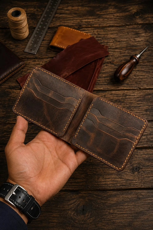 Handmade Cow Leather Bifold Wallet – Minimalist Men’s Slim Wallet – Vintage Leather Card Holder – RFID-Free EDC Wallet – Gift for Him