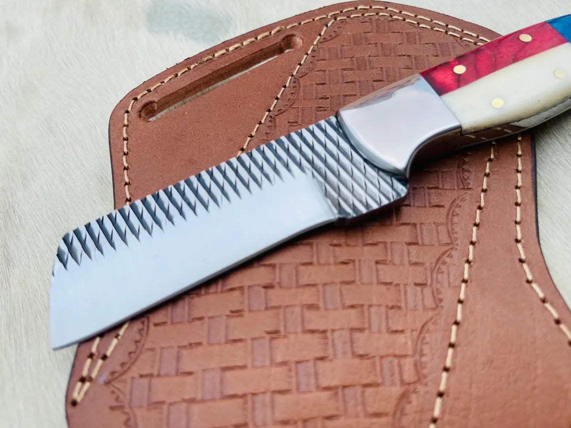 Handmade Cowboy Bull Cutter Knife: Rasp Steel Blade, Wood & Bone Handle, Leather Sheath