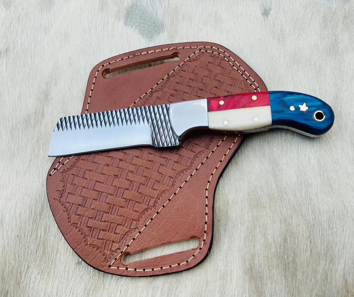 Handmade Cowboy Bull Cutter Knife: Rasp Steel Blade, Wood & Bone Handle, Leather Sheath