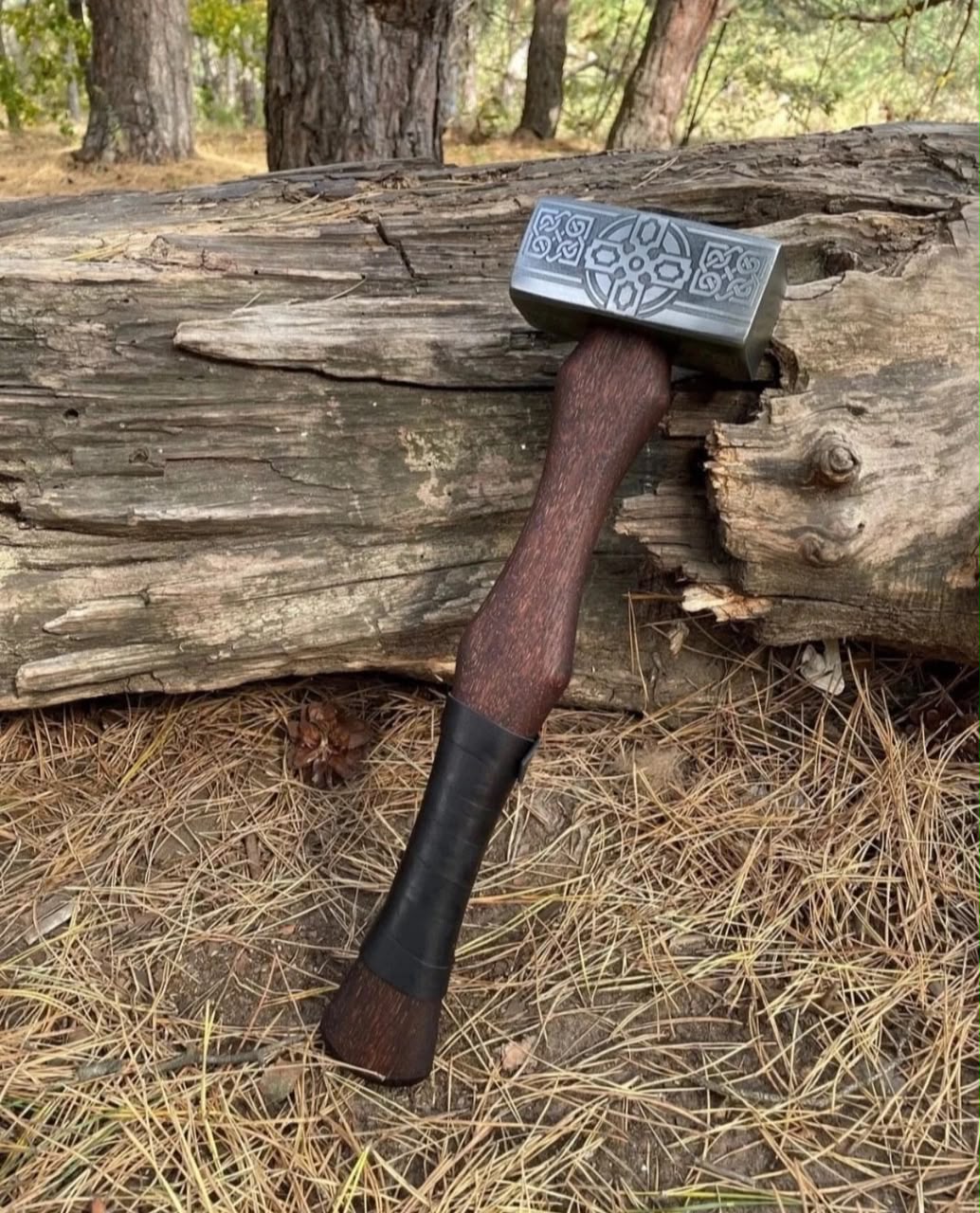 Handmade Viking Style Mjölnir Hammer – Engraved Steel Head with Wooden Handle