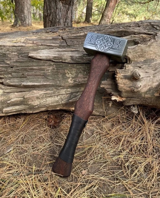 Handmade Viking Style Mjölnir Hammer – Engraved Steel Head with Wooden Handle