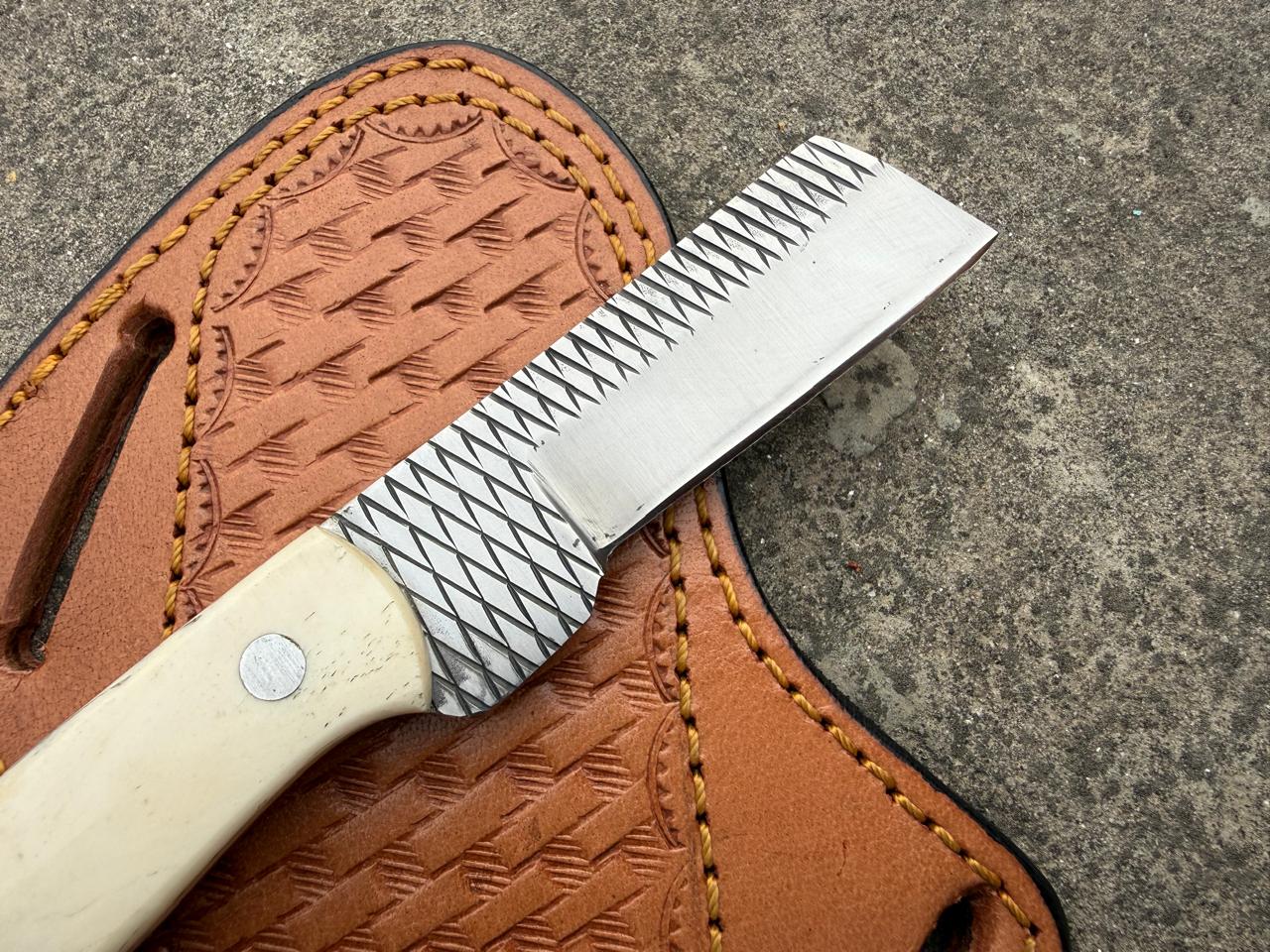 Handmade Cowboy Rasp Knife with Leather Sheath: Bone Handle