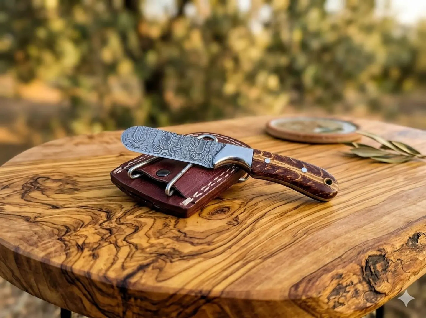 Handmade Damascus steel bull cutter knife and sheath with pinecone handle.