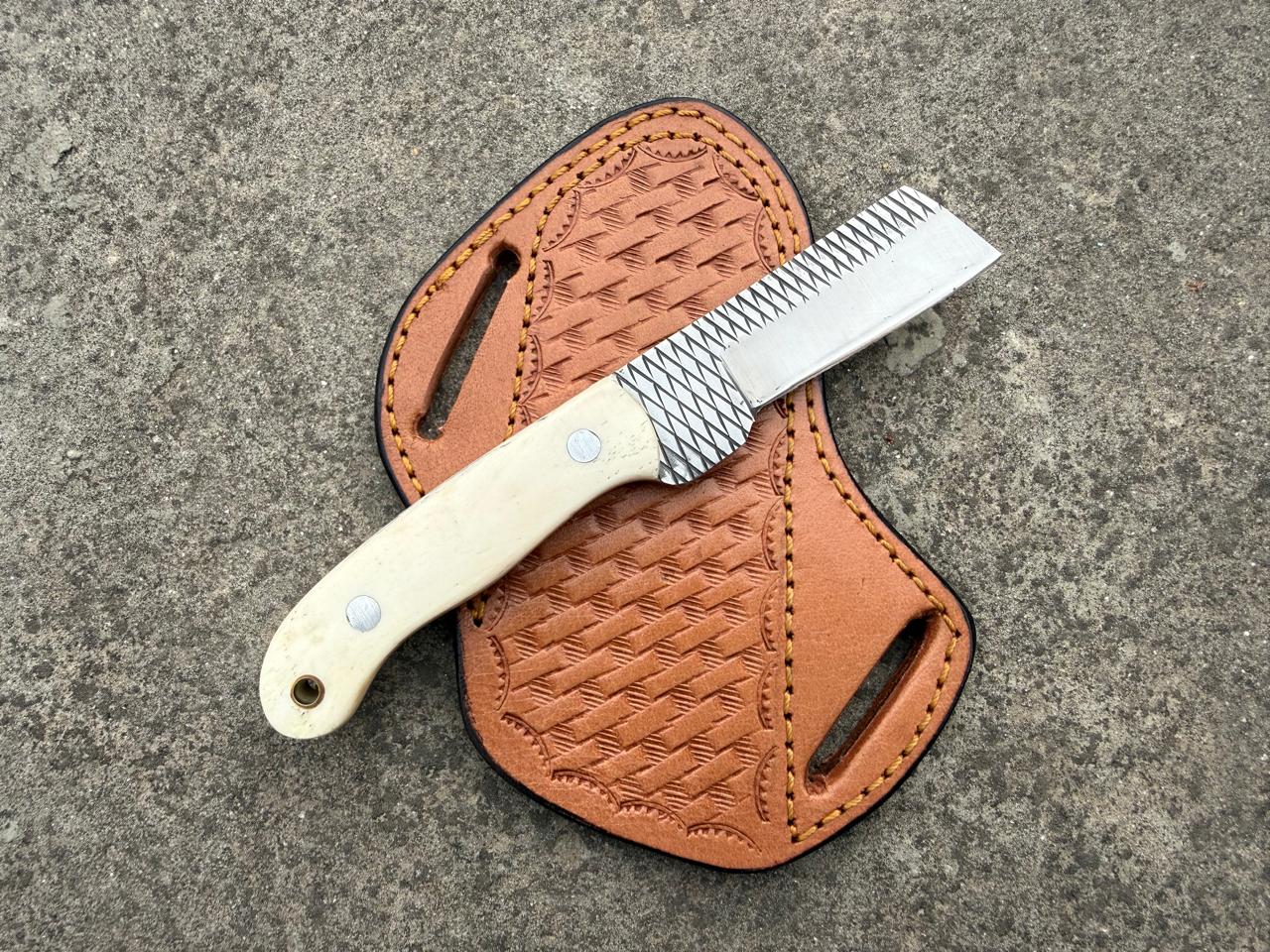 Handmade Cowboy Rasp Knife with Leather Sheath: Bone Handle