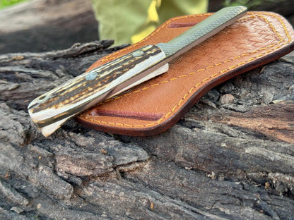 Handmade Rasp Steel Knife with Stag Horn Handle & Leather Sheath