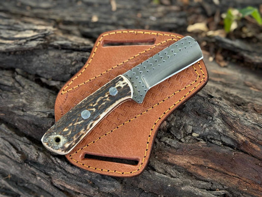 Handmade Rasp Steel Knife with Stag Horn Handle & Leather Sheath