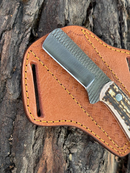 Handmade Rasp Steel Knife with Stag Horn Handle & Leather Sheath