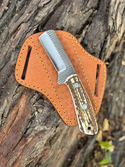 Handmade Rasp Steel Knife with Stag Horn Handle & Leather Sheath
