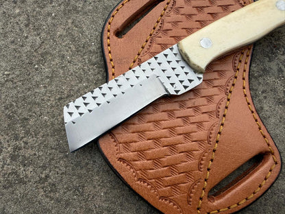 Handmade Cowboy Rasp Knife with Leather Sheath: Bone Handle