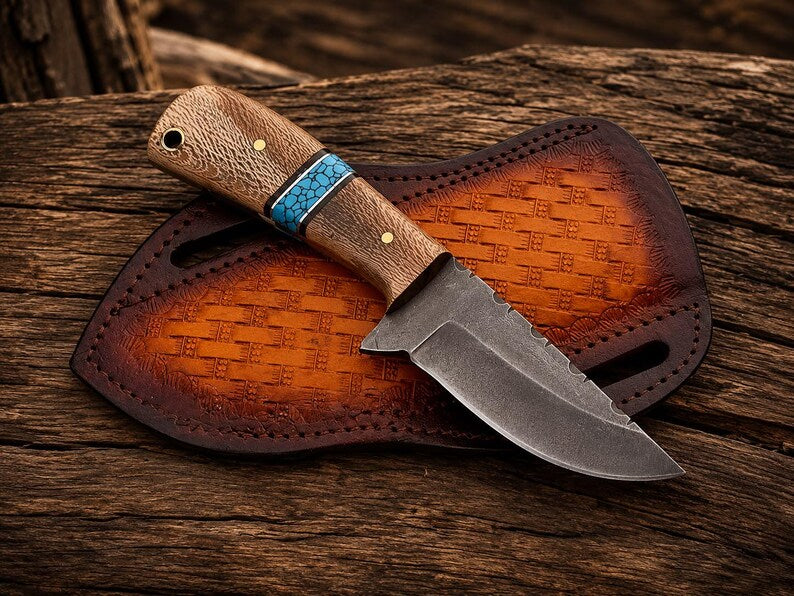 3.5" D2 Steel Western Knife – Lacewood & Turquoise Handle