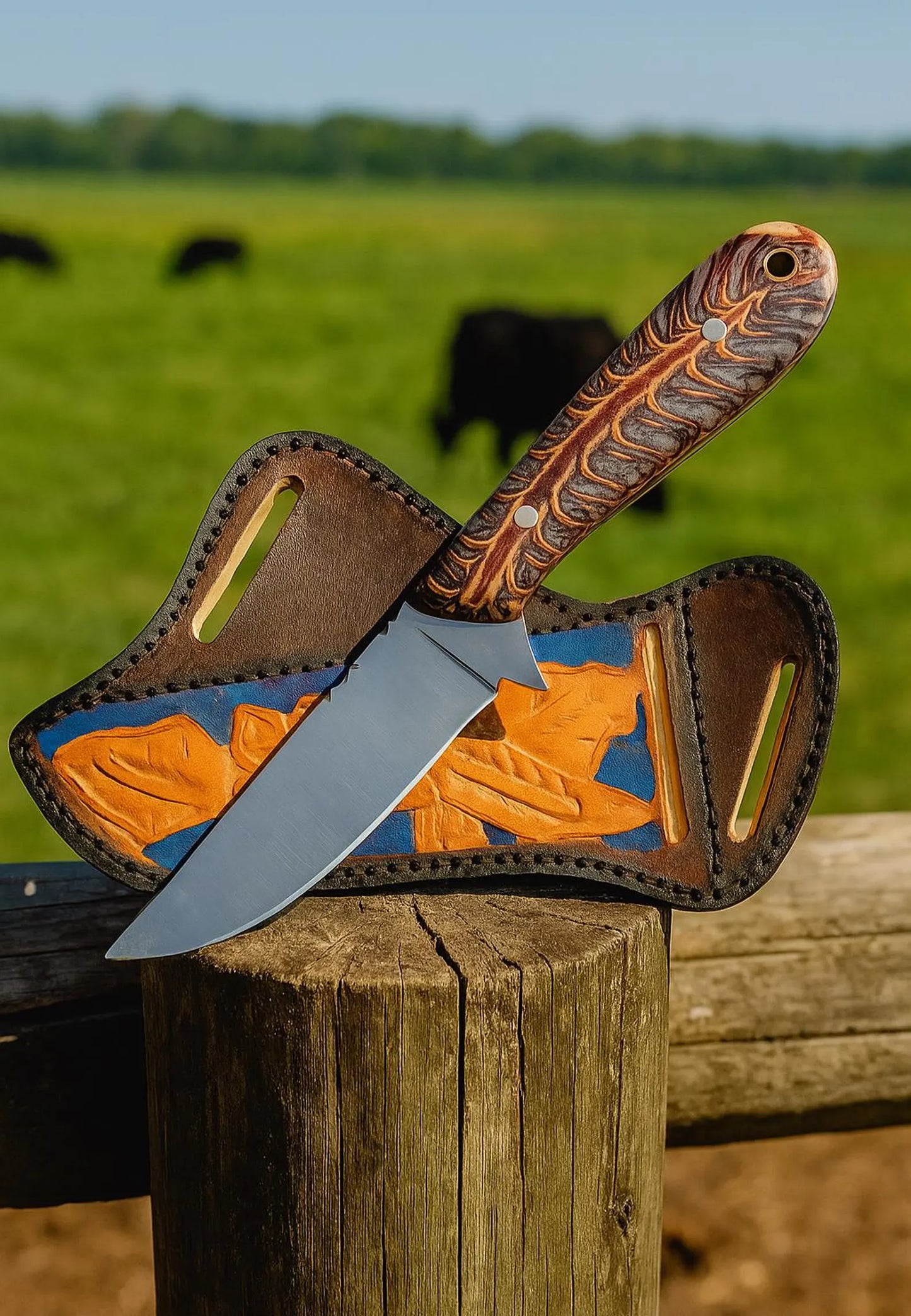 1095 Steel Cowboy Knife, pinecone Handle, Tooled Leather Sheath