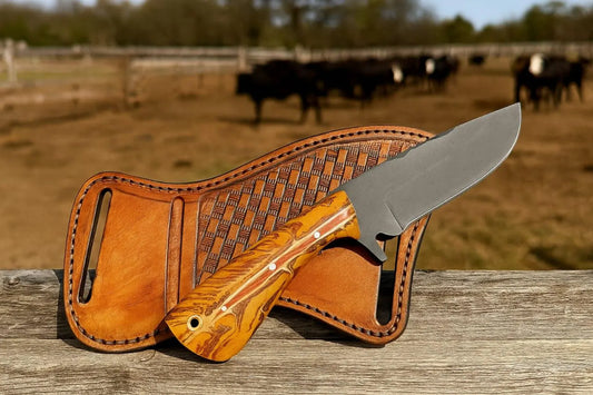 1095 Steel Cowboy Knife, pinecone Handle, Tooled Leather Sheath