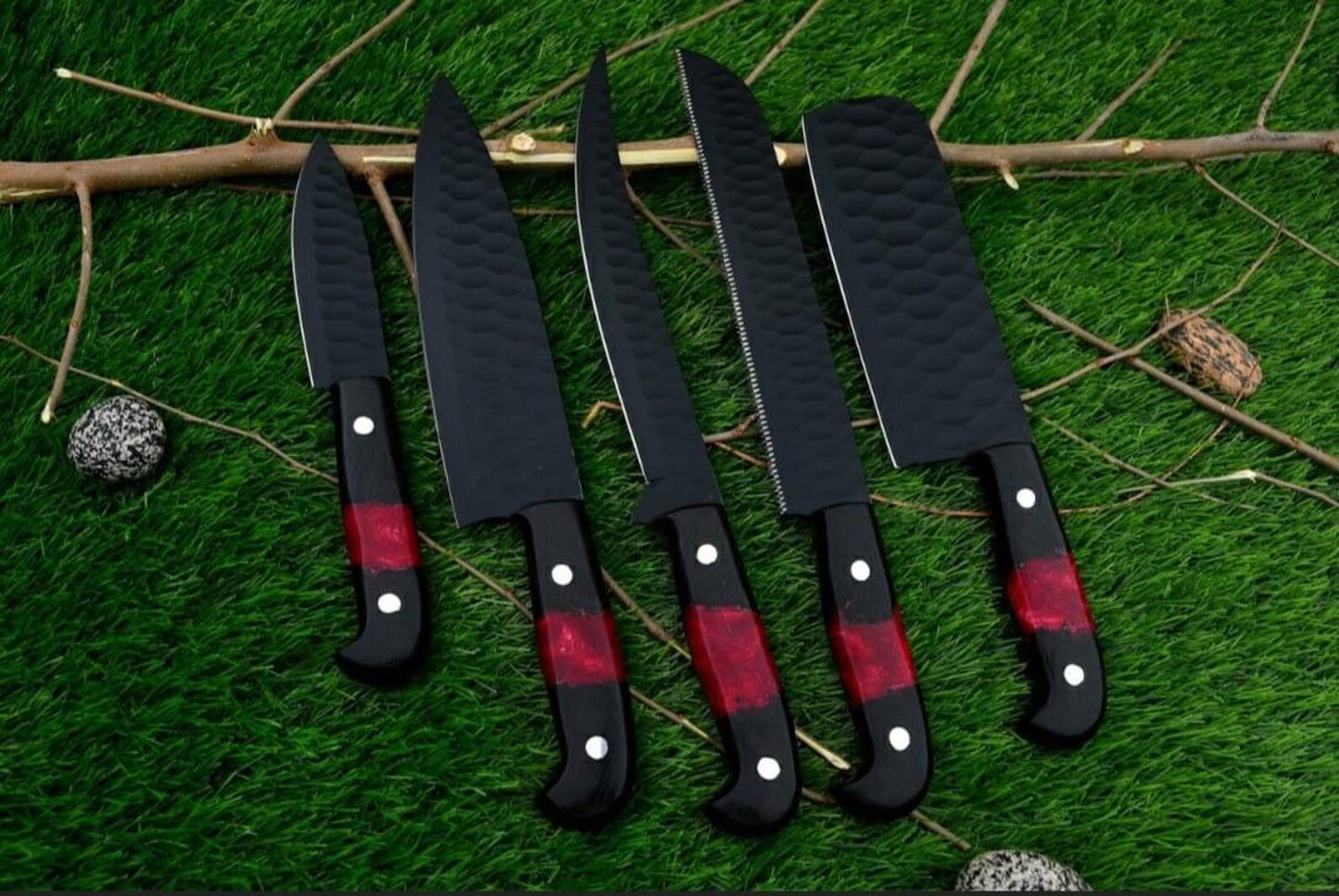 Handmade Damascus Steel Chef Knife Set, Rosewood Handle, Leather Cover