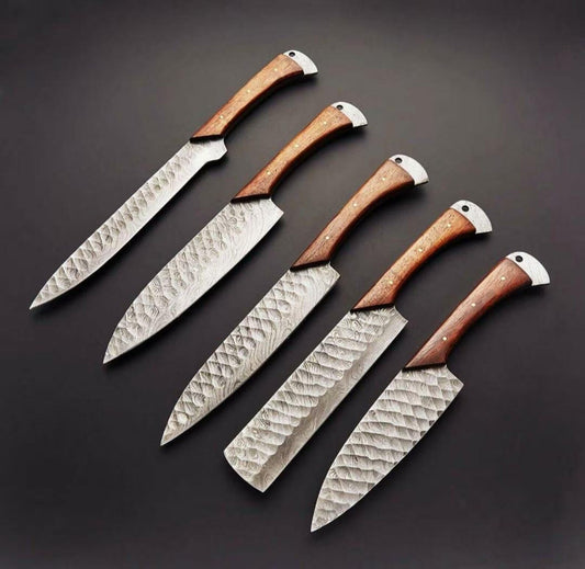 Handmade Damascus Steel Chef Knife Set, Rosewood Handle, Leather Cover