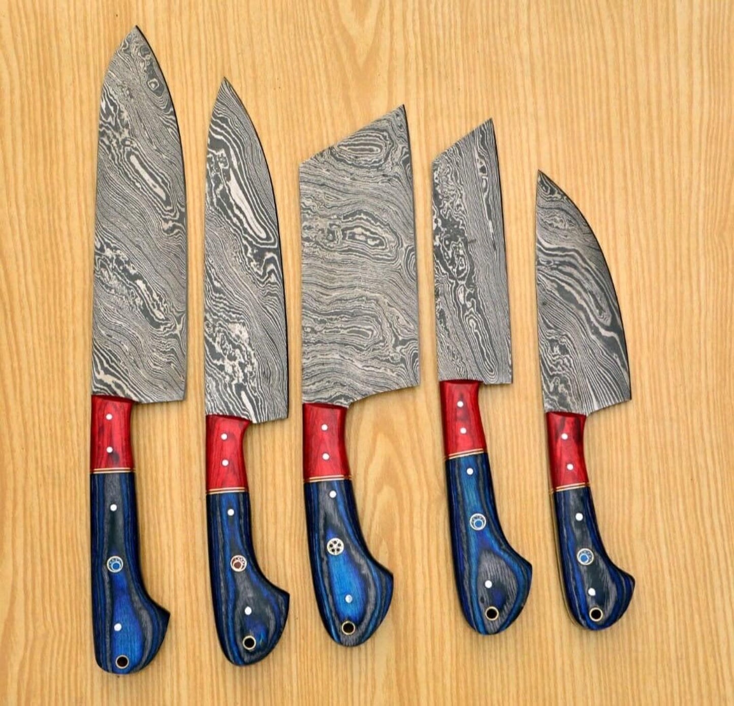 Handmade Damascus Steel Chef Knife Set, Rosewood Handle, Leather Cover