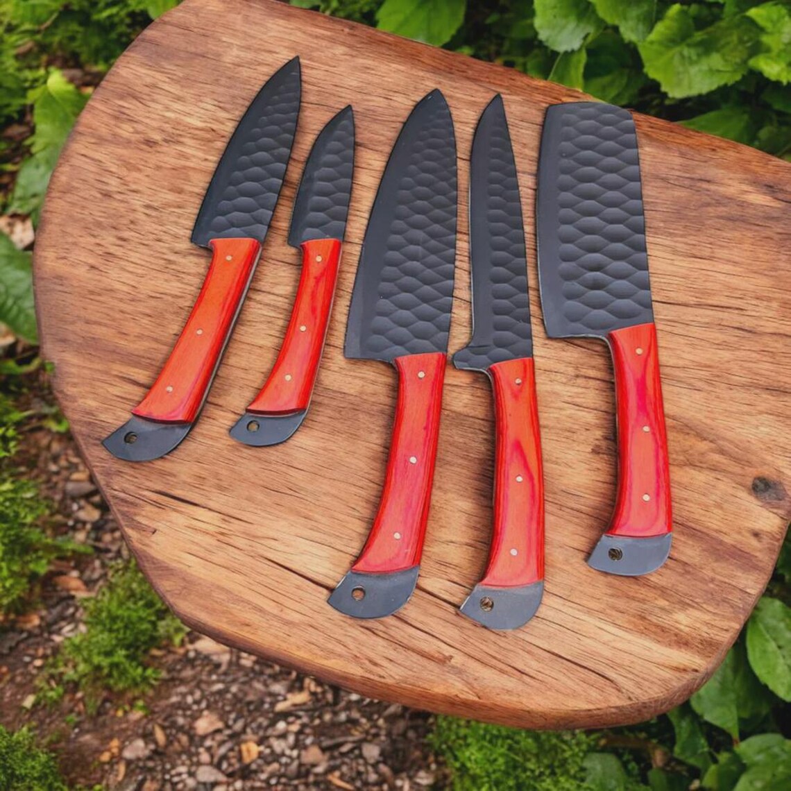 Custom Chef Knife Set – Hand-Forged Stainless Steel, Exotic Wood Handles, Leather Roll