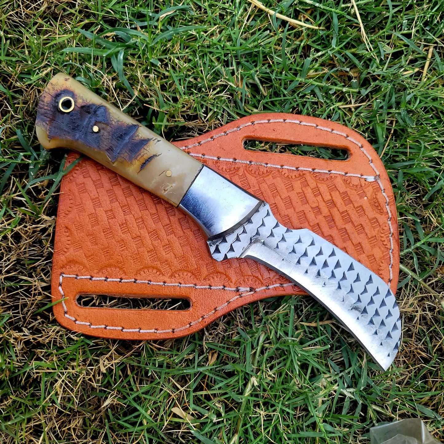 Feriorr rasp hawkbill knife with Ram horn handle and cross draw leather sheath, gift for him , gift for dad