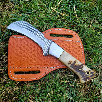 Feriorr rasp hawkbill knife with Ram horn handle and cross draw leather sheath, gift for him , gift for dad