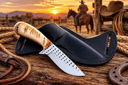 Cowboy-Style Hunting Knife with Sheath – 3.9" Rasp Steel Blade