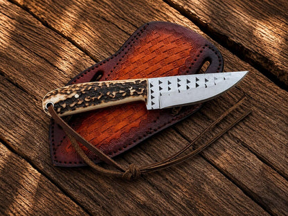 handcrafted Cowboy Skinner Knife – Rasp Steel Blade, stag horn Handle & Leather Sheath