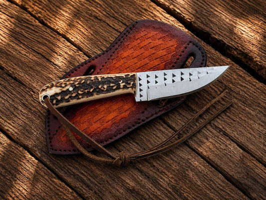 handcrafted Cowboy Skinner Knife – Rasp Steel Blade, stag horn Handle & Leather Sheath