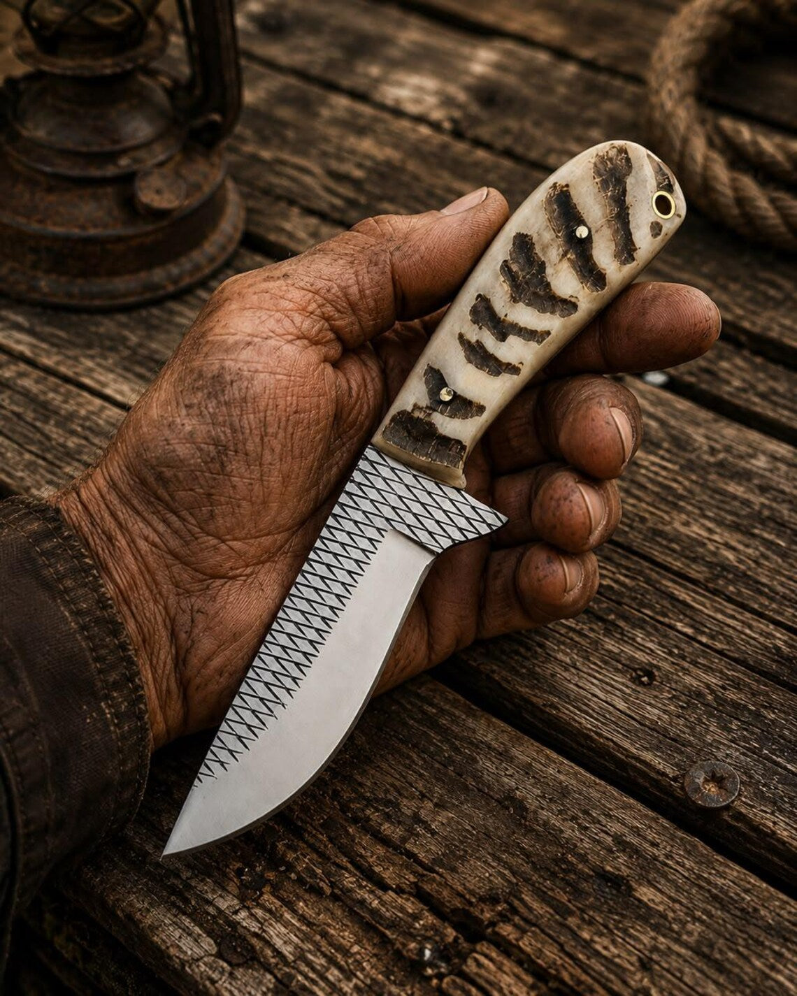 Cowboy-Style Hunting Knife with Sheath – 3.9" Rasp Steel Blade