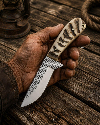 Cowboy-Style Hunting Knife with Sheath – 3.9" Rasp Steel Blade
