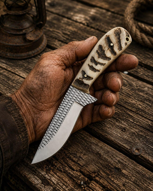 Cowboy-Style Hunting Knife with Sheath – 3.9" Rasp Steel Blade