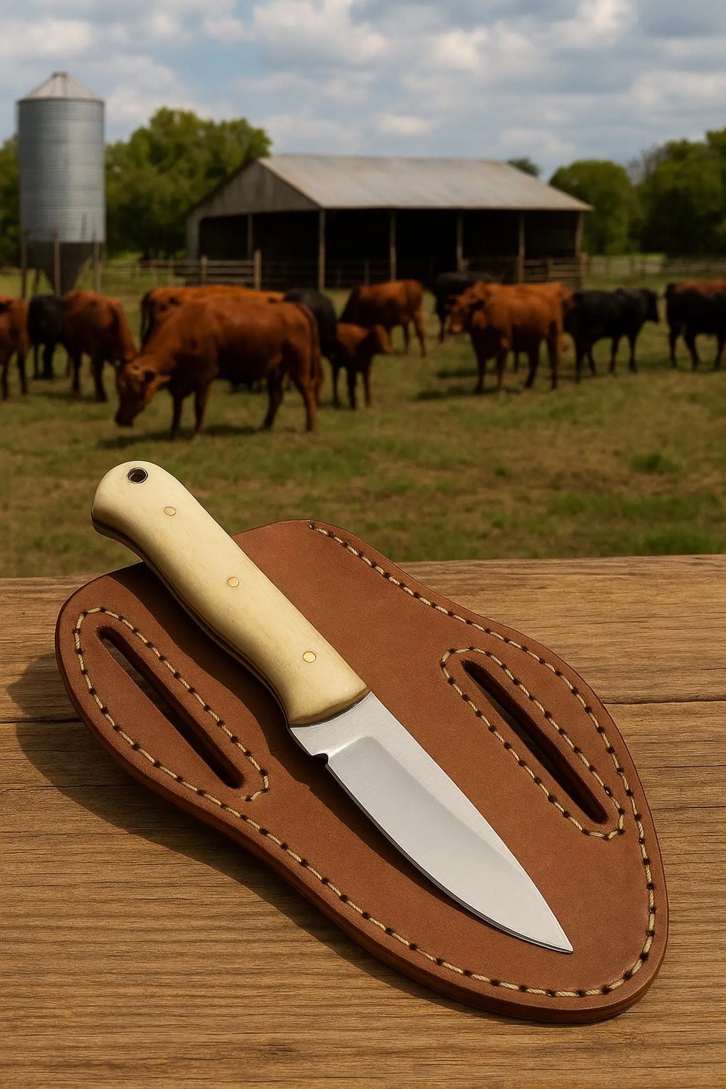 Personalized Cowboy skinner Knife and leather, Bone Handle,Leather Sheath, cattle farm , cowgirl knife , cowpuncher, horse riding sheath