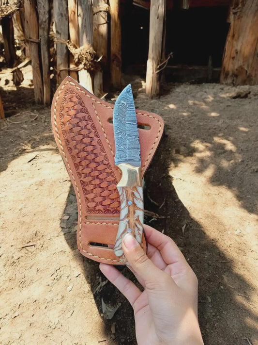 Cowboy Bush Knife 3.6” Damascus Steel Blade with Pine Cone & Brass Handle