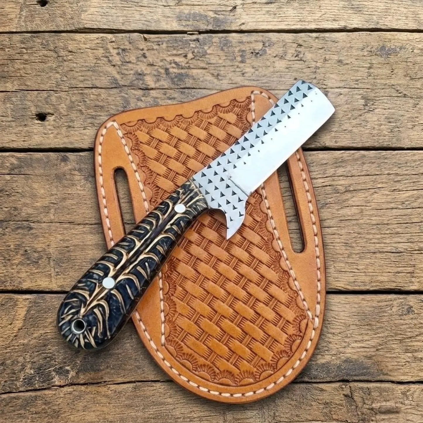 Handmade Rasp Steel Cowboy Bull cutter knife with leather sheath , Pinecone handle, Cowboy Gifts