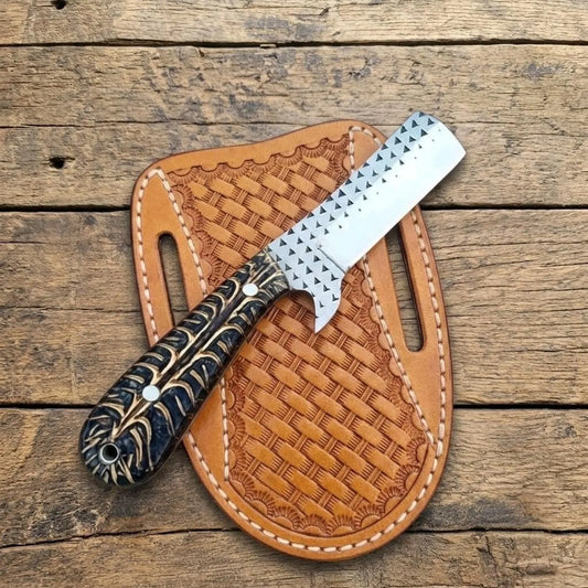 Handmade Rasp Steel Cowboy Bull cutter knife with leather sheath , Pinecone handle, Cowboy Gifts